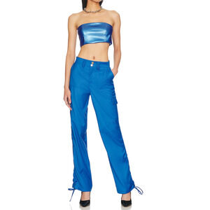 Superdown Raina Blue Cargo Pants LARGE Parachute Drawstring Hem Revolve $78 NEW